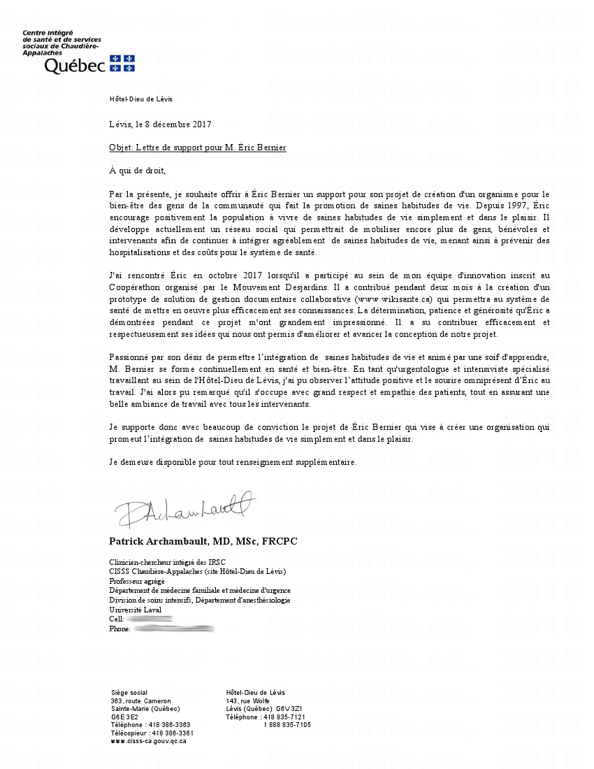 Lettre d'appui du docteur M. Patrick Archambault pour Éric Bernier.