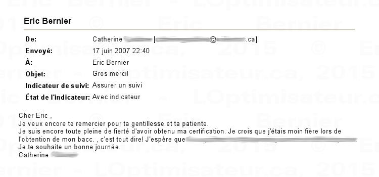 Catherine plus fière que lors de l'obtention de son bacc, pour Éric Bernier.