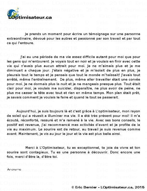 Témoignage anonyme d'une personne suicidaire pour LOptimisateur.